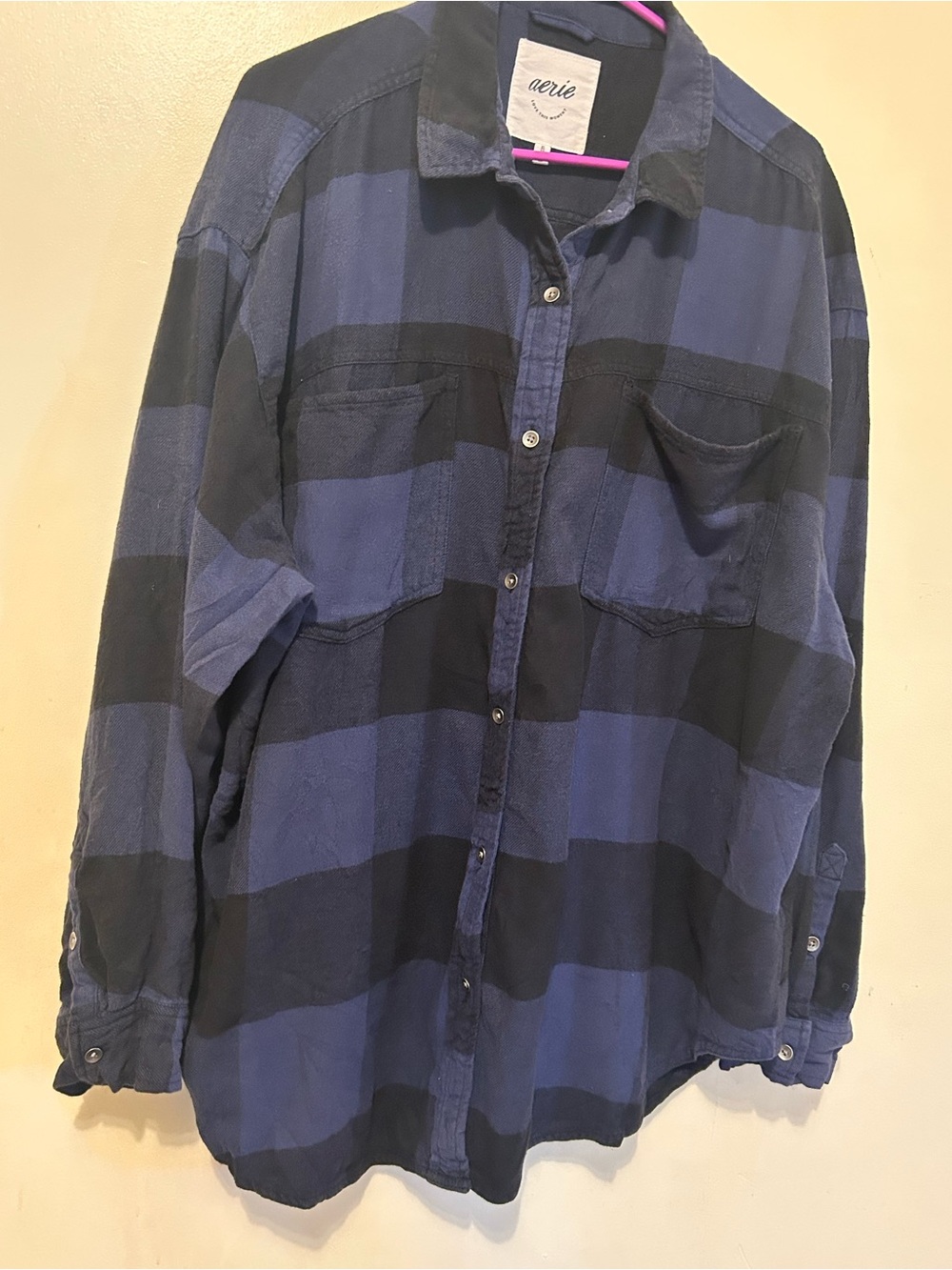 NWOT aerie Navy and Black Oversized Flannel Shirt Sz L. Plaid Button-Down - Picture 8 of 10